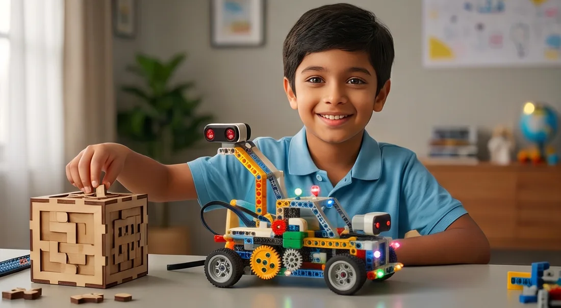 A child building a model with bricks and a wooden puzzle beside them